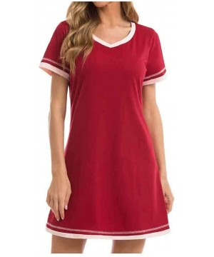 Nightgowns & Sleepshirts Womens Cozy Crewneck Daily Short-Sleeve Contrast Nightwear Sleepwear - Wine Red - C01900M26LM