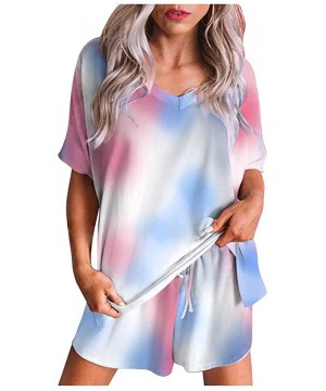 Sets Womens Tie Dye Printed Casual Outfit Short Lounge Pajamas Set V Neck Ruffle Sleepwear Loungewear Nightwear Tigivemen - H...