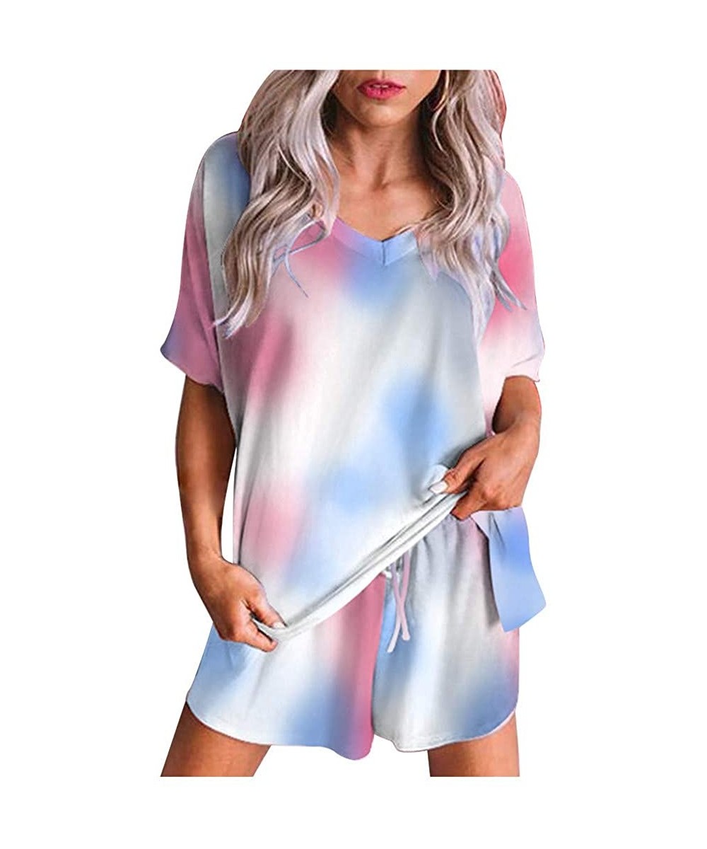 Sets Womens Tie Dye Printed Casual Outfit Short Lounge Pajamas Set V Neck Ruffle Sleepwear Loungewear Nightwear Tigivemen - H...