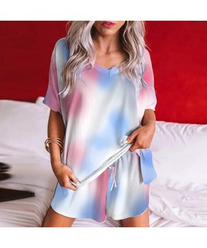 Sets Womens Tie Dye Printed Casual Outfit Short Lounge Pajamas Set V Neck Ruffle Sleepwear Loungewear Nightwear Tigivemen - H...