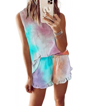 Sets Women's Long Sleeve Tie Dye Ruffle Shorts Pajamas Set Loungewear Nightwear Sleepwear - Sleeveless Multi - CK1989XUYGH