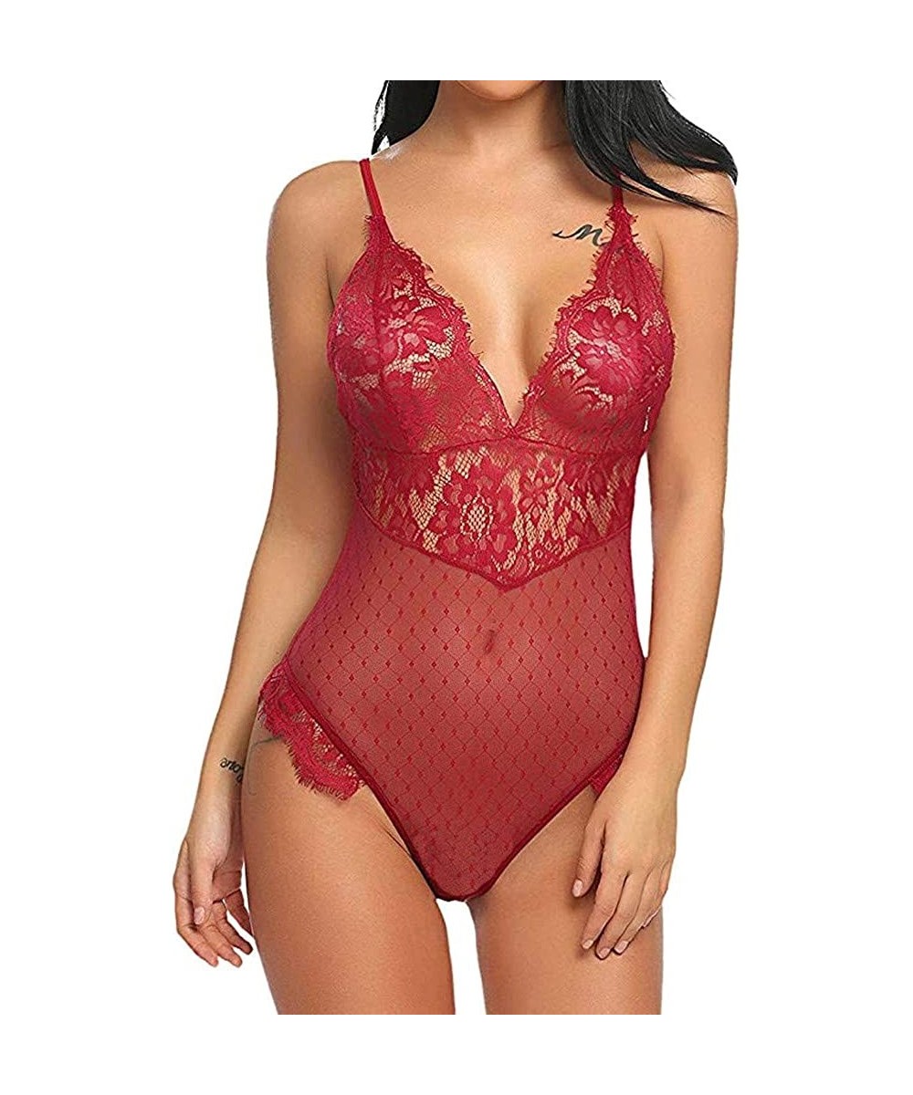 Garters & Garter Belts New Lingerie for Women Teddy One Piece Lace V-Neck Babydoll Bodysuit Jumpsuit - Red - CC18X53DL5I