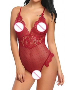 Garters & Garter Belts New Lingerie for Women Teddy One Piece Lace V-Neck Babydoll Bodysuit Jumpsuit - Red - CC18X53DL5I