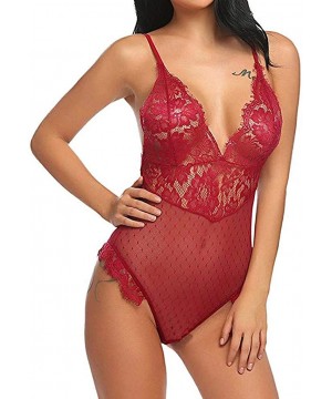 Garters & Garter Belts New Lingerie for Women Teddy One Piece Lace V-Neck Babydoll Bodysuit Jumpsuit - Red - CC18X53DL5I