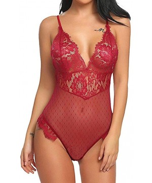 Garters & Garter Belts New Lingerie for Women Teddy One Piece Lace V-Neck Babydoll Bodysuit Jumpsuit - Red - CC18X53DL5I