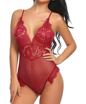 Garters & Garter Belts New Lingerie for Women Teddy One Piece Lace V-Neck Babydoll Bodysuit Jumpsuit - Red - CC18X53DL5I