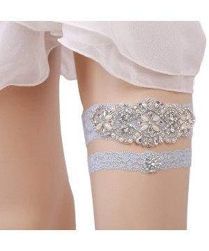 Garters & Garter Belts Bridal Garter Set Satin Lace Rhinestone Wedding Garters for Bride - Light Blue - CA188WMYALC