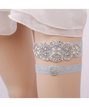 Garters & Garter Belts Bridal Garter Set Satin Lace Rhinestone Wedding Garters for Bride - Light Blue - CA188WMYALC