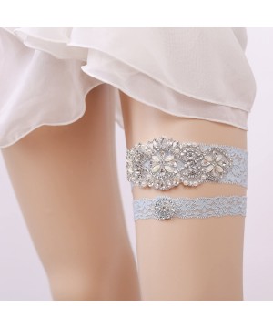 Garters & Garter Belts Bridal Garter Set Satin Lace Rhinestone Wedding Garters for Bride - Light Blue - CA188WMYALC