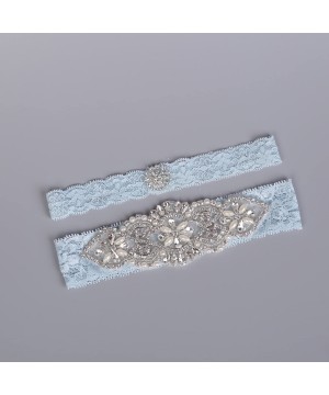 Garters & Garter Belts Bridal Garter Set Satin Lace Rhinestone Wedding Garters for Bride - Light Blue - CA188WMYALC