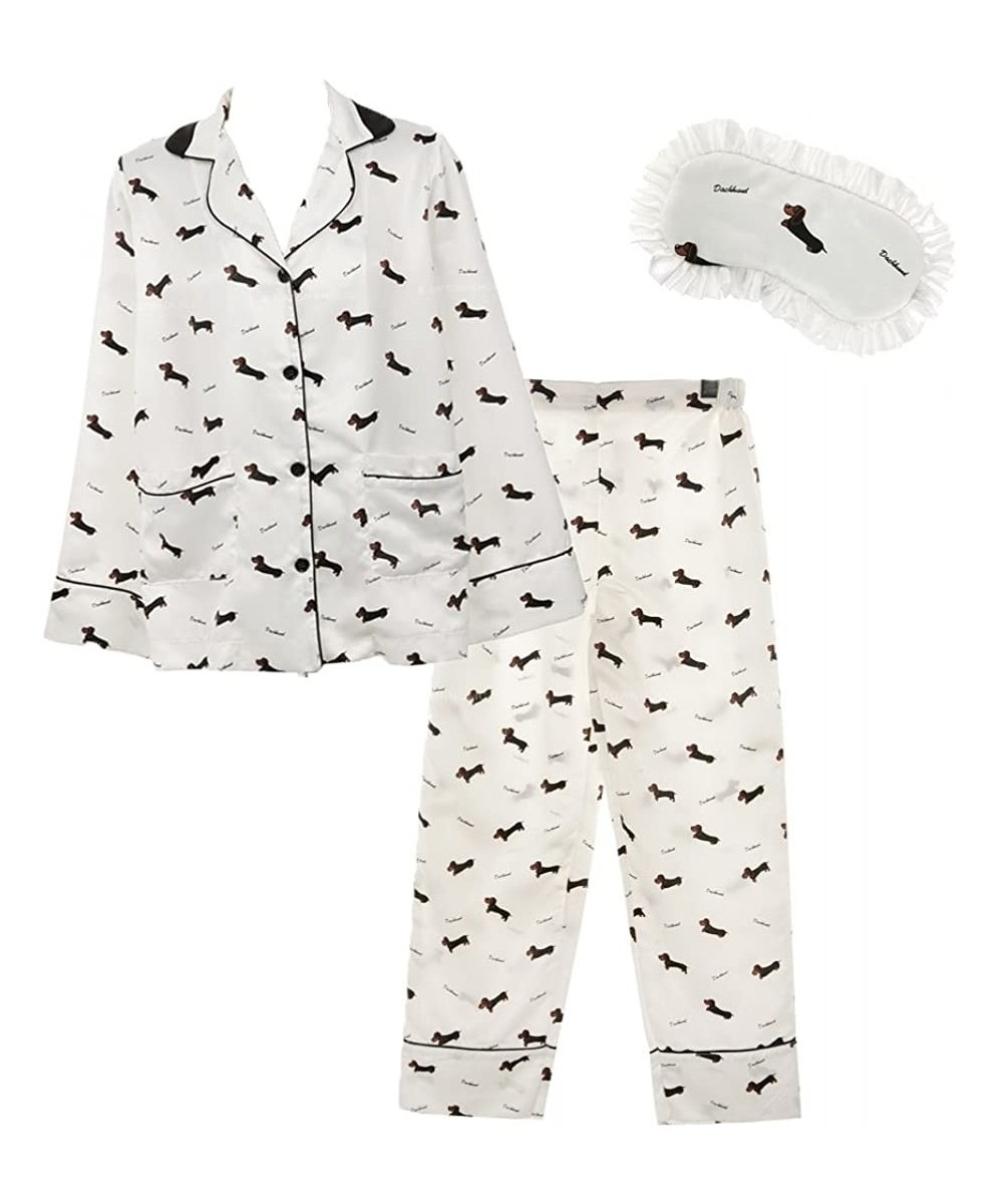 Sets Fashion Culture Women's Dachshund 3 Piece Pajama Set Lounge Pants- Top & Eye Mask- (Small) White - CZ1885ZWYHO