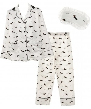 Sets Fashion Culture Women's Dachshund 3 Piece Pajama Set Lounge Pants- Top & Eye Mask- (Small) White - CZ1885ZWYHO