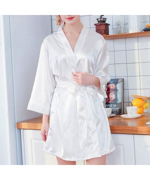 Robes Womens Silky Satin Kimono with Long Sleeves Bathrobe Soft Sleepwear V-Neck Lingerie Wedding Party Robes - White - CF188...