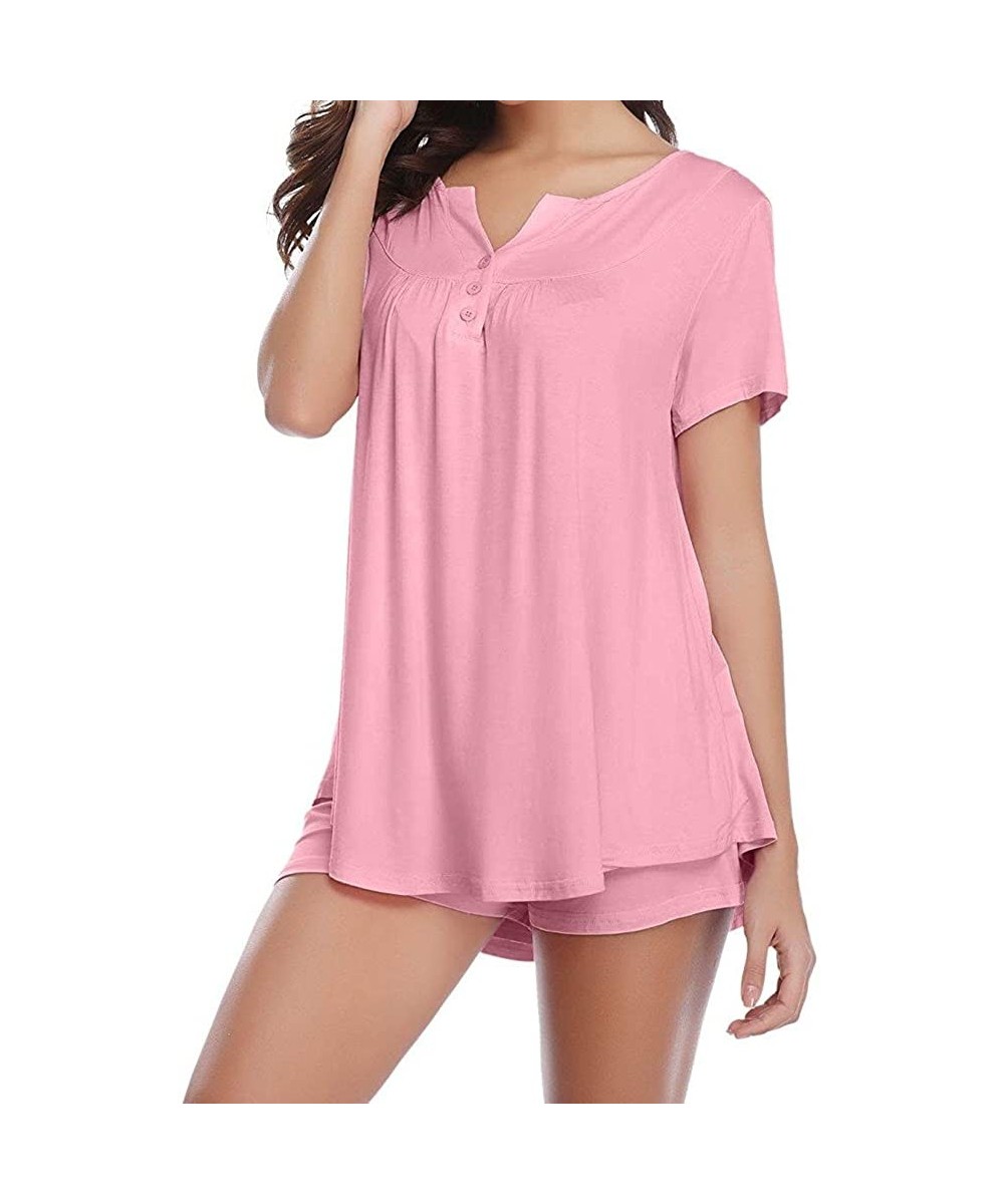 Sets Womens Lingeries Button Short Sleeve Set Pajama Sets - Pink - C718S2U64KY