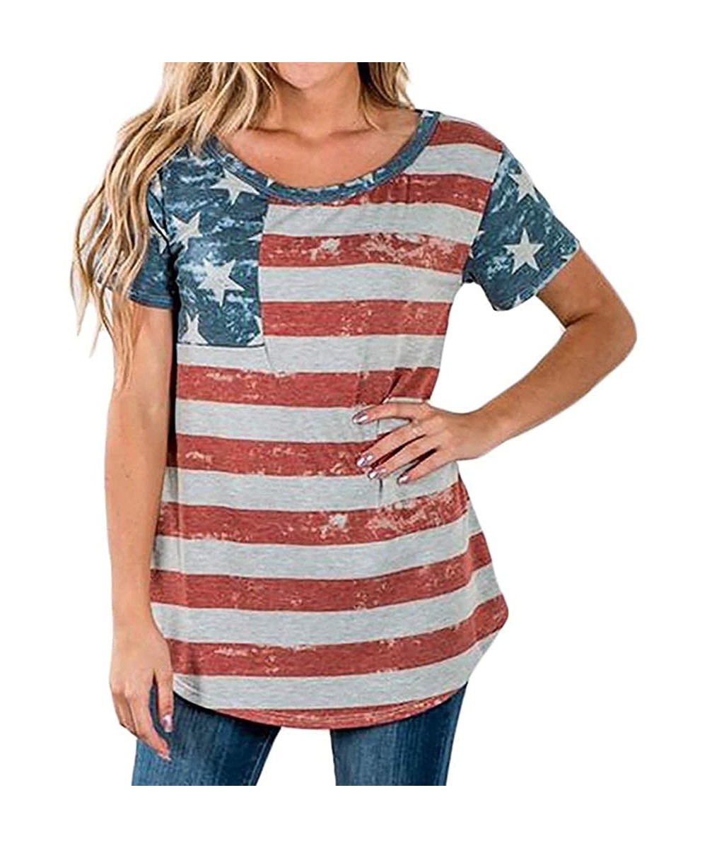 Thermal Underwear Patriotic 4th July Shirt Women O-Neck Short Sleeve Independence Day Flag Print Top - Red - CM190GWS9SU