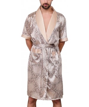 Robes Men's Satin Kimono Robe Silky Short Sleeves Loungewear Spa Summer Pockets Bathrobe - Khaki - CW18MDMOHCZ