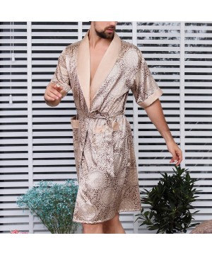 Robes Men's Satin Kimono Robe Silky Short Sleeves Loungewear Spa Summer Pockets Bathrobe - Khaki - CW18MDMOHCZ