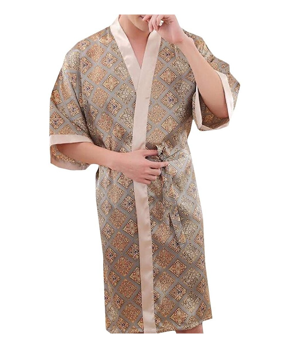 Robes Men's Printed Bathrobe Short Sleeve Kimono Comfort Satin Loungewear Robe - 28 - C518T02XDYZ