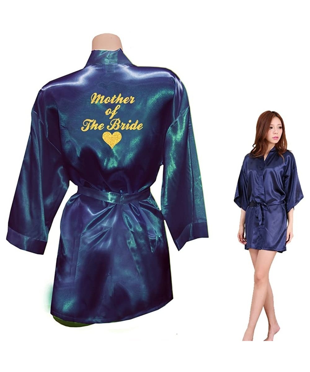 Robes Wedding Party Robes Satin Bathrobe Short Style Glitter Pattern Print Navy Blue mother of the Bride Glod Glitter - C418M...