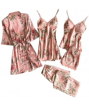 Sets Women's 5PCS Silk Satin Pajama Set Cami Top Nightgown Lace Sleepwear Robe Sets Sexy Nightdress with Chest Pads Lingerie ...