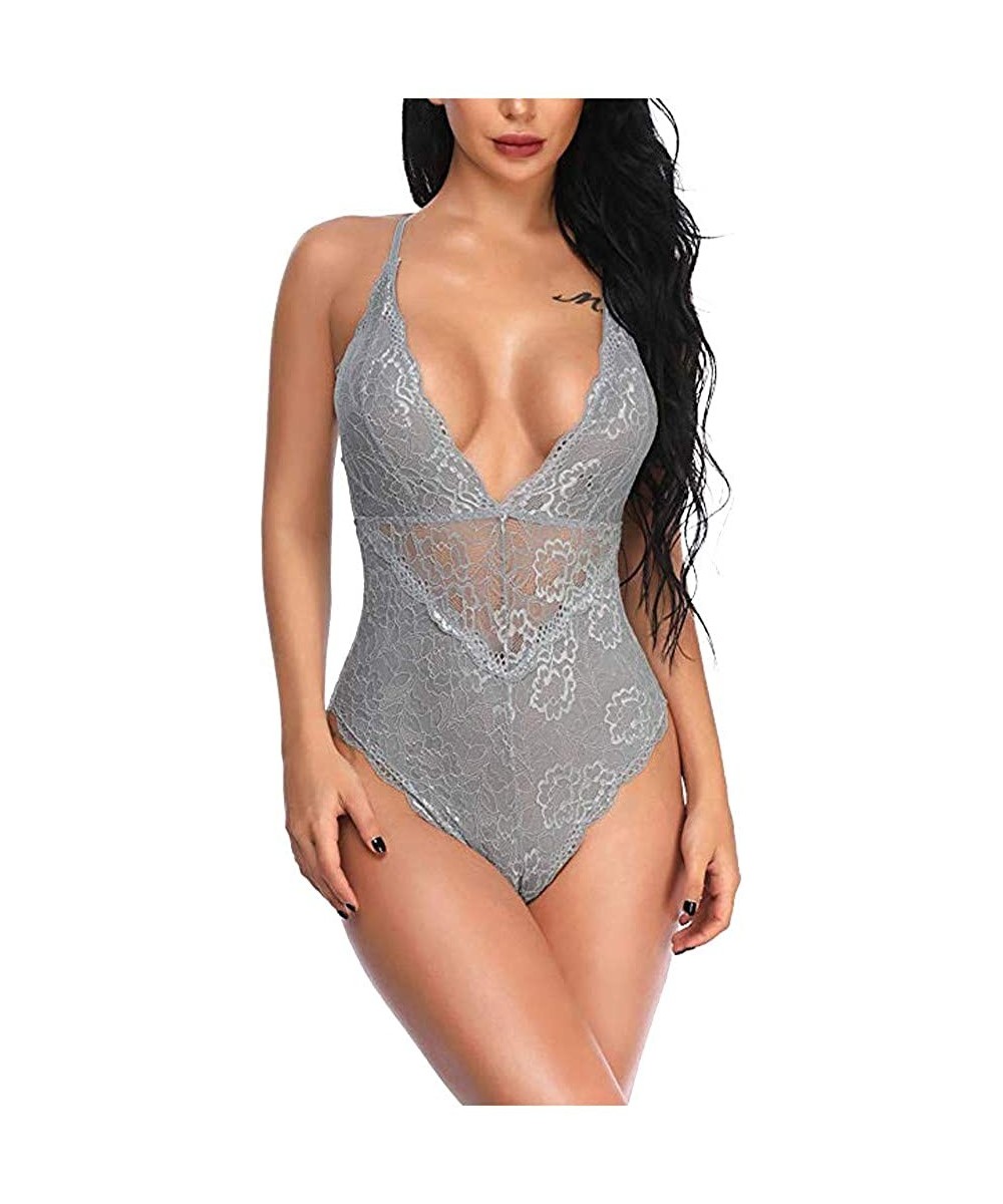 Sets Lace Bodysuit for Women-Teddy Lingerie Jumpsuit-Sexy Eyelash Christmas Lingerie Naughty Negligee Underwear - Gray - C319...