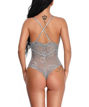 Sets Lace Bodysuit for Women-Teddy Lingerie Jumpsuit-Sexy Eyelash Christmas Lingerie Naughty Negligee Underwear - Gray - C319...