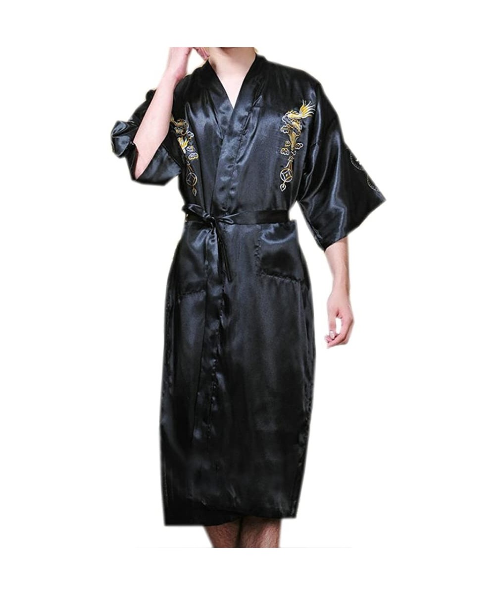 Robes Mens Japanese Kimono Bathrobe Nightwear 4 Colors - Black - CE18C027EGS