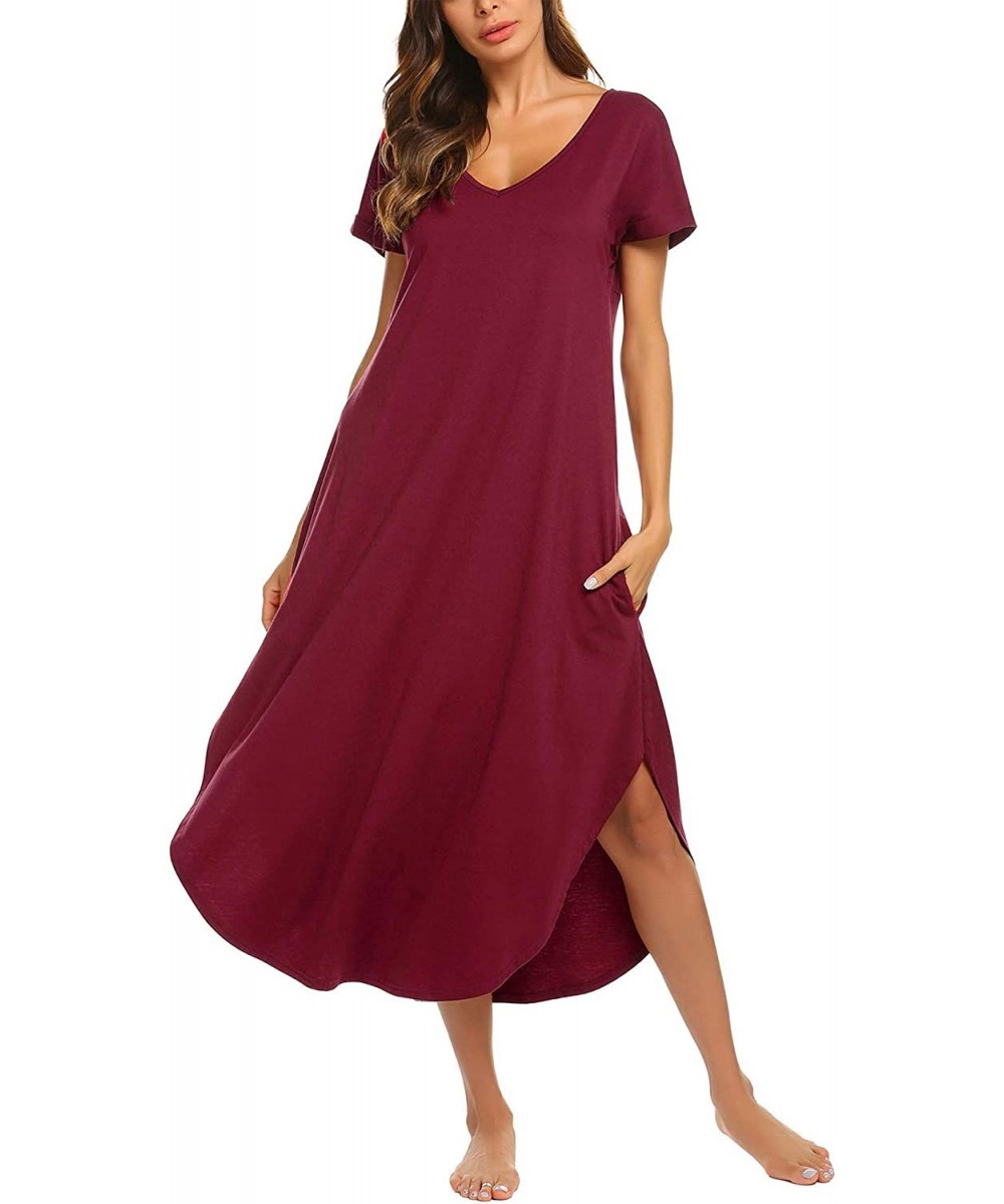 Nightgowns & Sleepshirts Women's Sleepwear Casual V Neck Nightshirts Short Sleeve Long Nightgown Pockets Loungewear - Red - C...