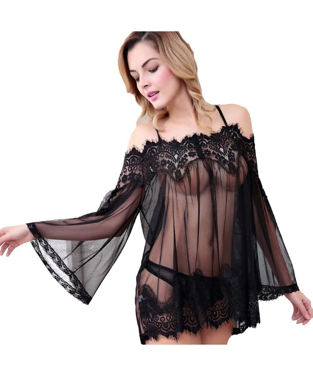 Shapewear Women Lingerie Babydoll Lace Sleepwear Strap Chemise Dress Lace Nightwear +G-String - Black - CJ18HOOYDNN