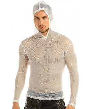 Undershirts Men's See Through Fishnet Clubwear Short Sleeve T-Shirt Undershirt - Hoodie White - CX1880QL4TK