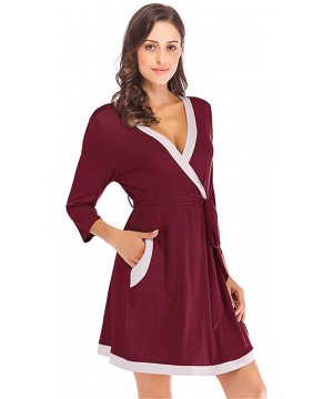 Robes Women Soft Cotton Modal Robe with Pockets V Neck 3/4 Sleeves Short Loungewear Kimono Sleepwear - Burgundy - CT197NCSZUS