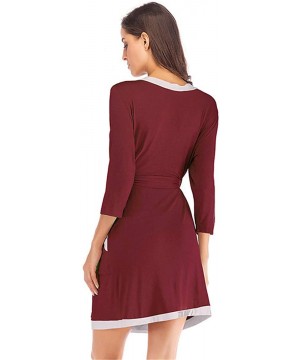 Robes Women Soft Cotton Modal Robe with Pockets V Neck 3/4 Sleeves Short Loungewear Kimono Sleepwear - Burgundy - CT197NCSZUS