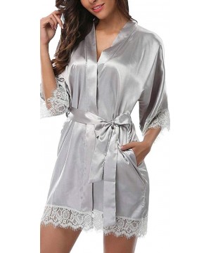 Baby Dolls & Chemises Women's Fashion Sexy Silk Kimono Babydoll Lace Lingerie Bath Robe Nightgown - Grey - CY18TDLRDDH