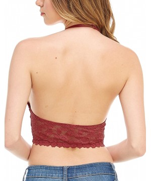 Bras Halter V Neck Flora Lace Un-Pad Bralette Top Sheer Bra Bustier Crop Wireless Lingerie - B. Maroon (W/ Removable Pad) - C...