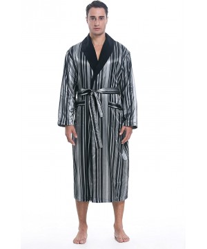 Robes Men's Polyester Satin Polar Fleece Lining Bathrobe Robe - Grey Stripe - C618HQR394S