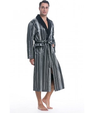 Robes Men's Polyester Satin Polar Fleece Lining Bathrobe Robe - Grey Stripe - C618HQR394S