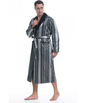 Robes Men's Polyester Satin Polar Fleece Lining Bathrobe Robe - Grey Stripe - C618HQR394S