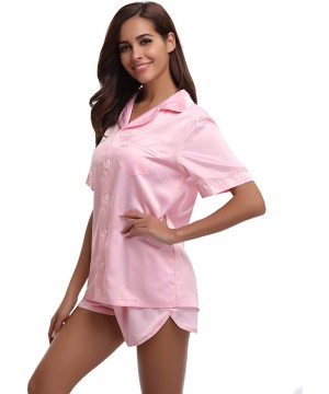 Sets Women's Silk Satin Pajamas Set Short Sleepwear Loungewear Button-Down Pj Set - Pink - CH188UHL9NN