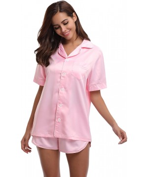 Sets Women's Silk Satin Pajamas Set Short Sleepwear Loungewear Button-Down Pj Set - Pink - CH188UHL9NN