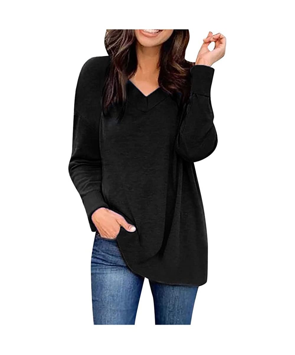 Tops Women's Winter Fashion Long Sleeve V-Neck Casual Solid Color Shirts Top Blouse - Black - CF192E2AHZ4