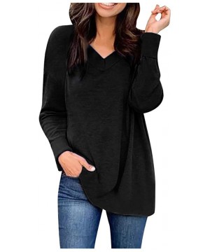 Tops Women's Winter Fashion Long Sleeve V-Neck Casual Solid Color Shirts Top Blouse - Black - CF192E2AHZ4