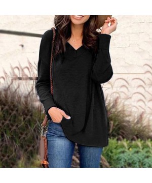 Tops Women's Winter Fashion Long Sleeve V-Neck Casual Solid Color Shirts Top Blouse - Black - CF192E2AHZ4