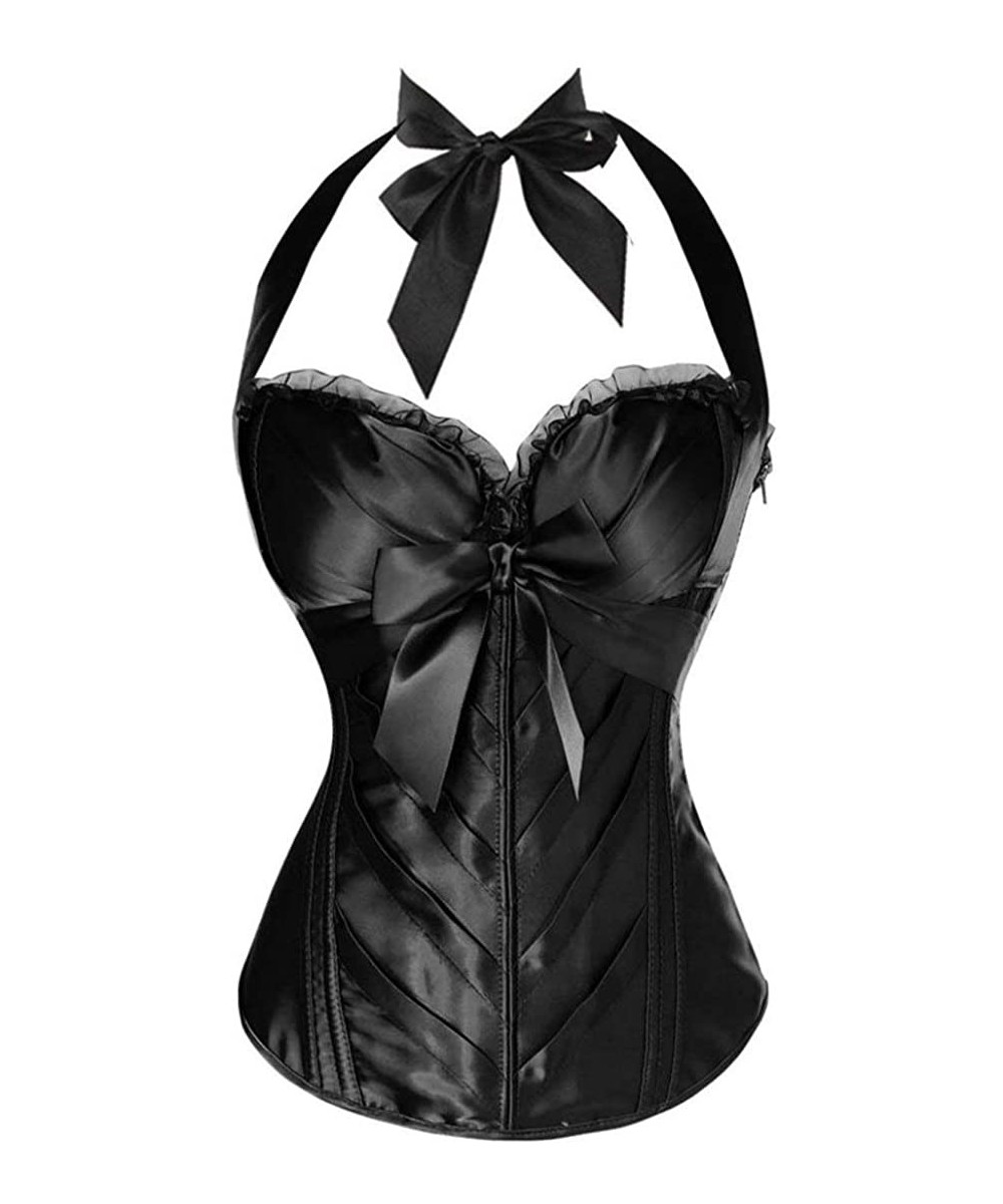 Bustiers & Corsets Sexy Lace Up Satin Bustier Corset with Cup Lingerie Zipper Side Overbust Party Bow Halter Corset - Black -...