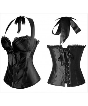 Bustiers & Corsets Sexy Lace Up Satin Bustier Corset with Cup Lingerie Zipper Side Overbust Party Bow Halter Corset - Black -...