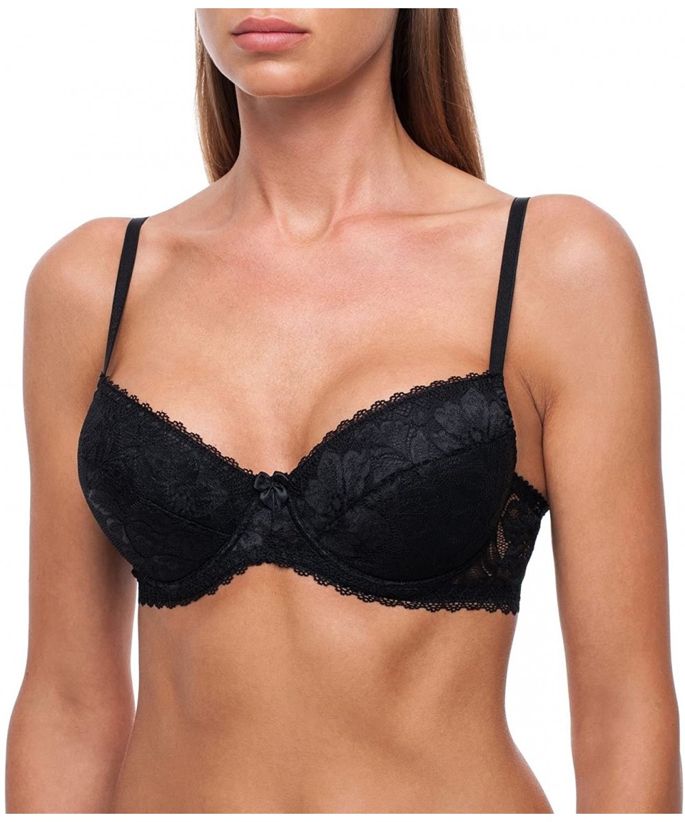 Bras Women's Push-Up Padded Lace Plunge Underwire T-Shirt Bra - Black - CC18D743Q7Z