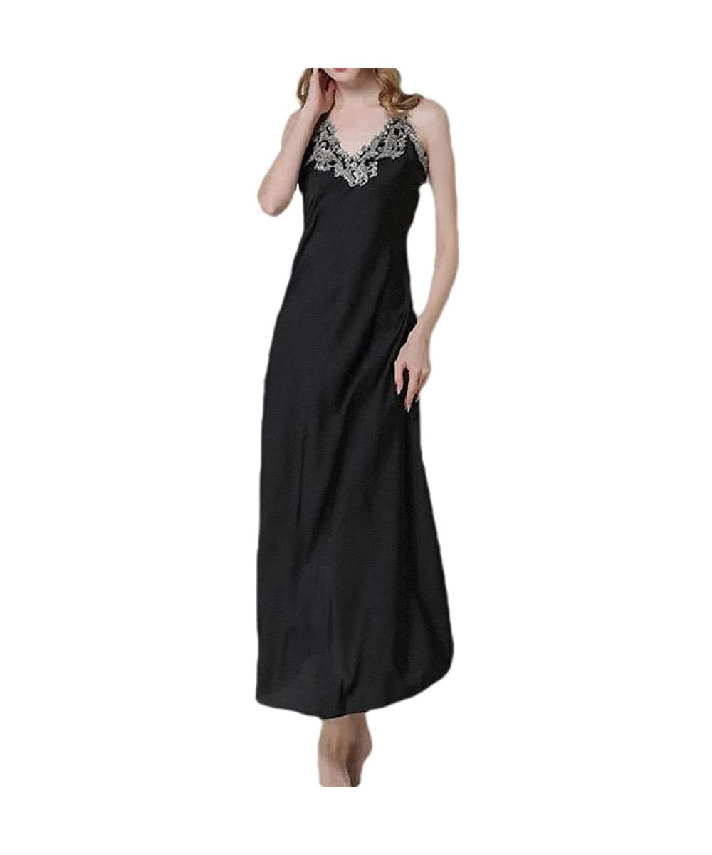 Robes Womens Sling Lace Patchwork V-Neck Charmeuse Sexy Soft Sleepwear - Black - CX199U3MZU6