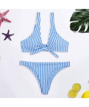 Thermal Underwear Women's Knotted Sandwich Thong Bikini Mid Waist Beach Swimsuit - F-blue - CP194E3HZ9O