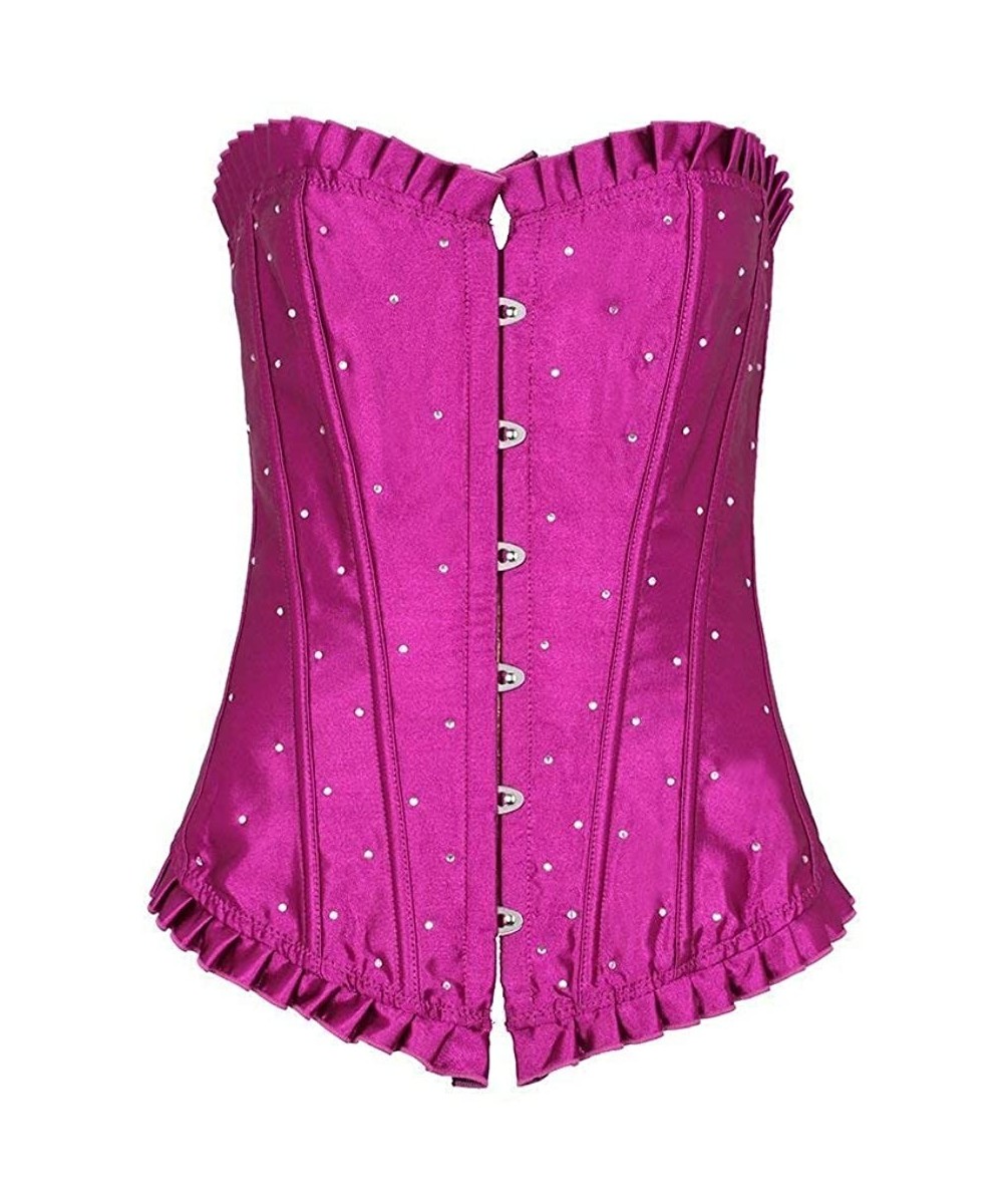 Bustiers & Corsets Women's Rhinestone Lace Plastic Boned Corset Basque Waist Trainer Cincher Shape with G-String - Purple - C...