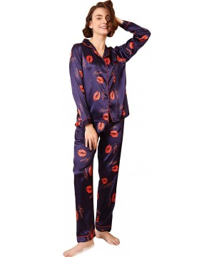 Sets Women's Pajamas Set Letter Lip Print Button Up Satin Sleepwear Long Sleeve Nightwear Pants Loungewear - Navy - CZ1920D9NT3