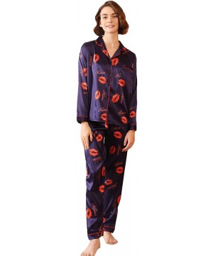 Sets Women's Pajamas Set Letter Lip Print Button Up Satin Sleepwear Long Sleeve Nightwear Pants Loungewear - Navy - CZ1920D9NT3